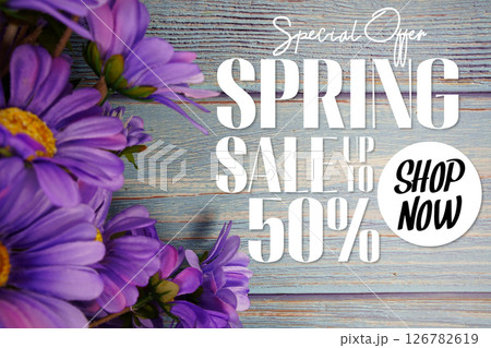Spring Sale 50% Promotion and Marketing with flowers bouquet decoration on wooden background 126782619