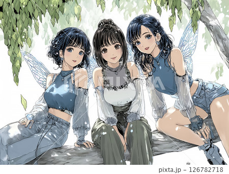 笑顔のピクシー妖精3姉妹のイラスト素材 126782718