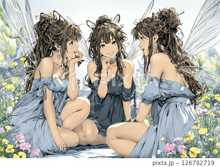 笑顔のピクシー妖精3姉妹のイラスト素材 126782719