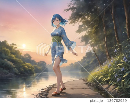 浴衣の少女が水辺を歩く 浴衣の少女が水辺を歩く 126782929