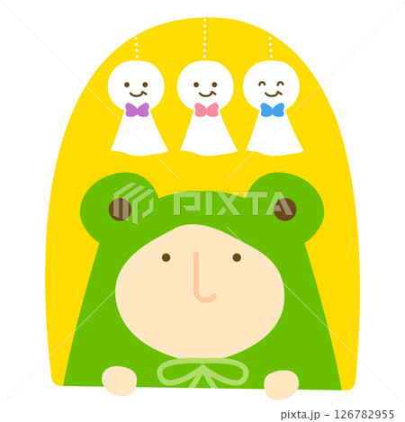 てるてる坊主を飾るカエルの格好をした人 126782955