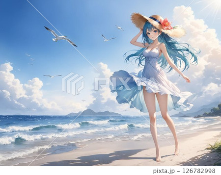 白いワンピースと麦わら帽を揺らして海辺を歩く少女 126782998