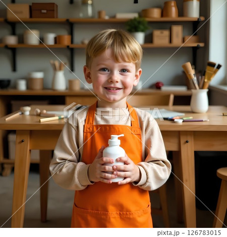 A child stands in an art or craft studio. The child is wearing an orange apron over a beige sweater 126783015