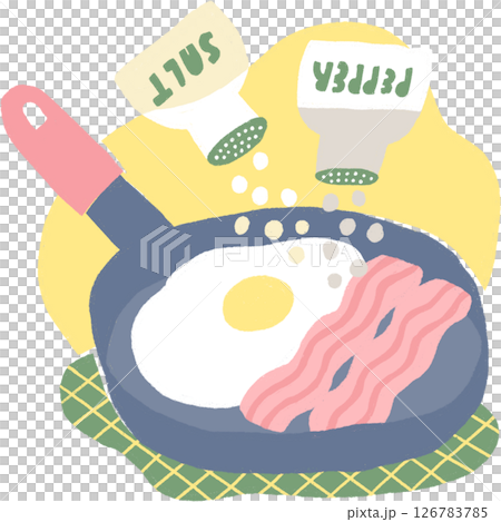 在煎鍋裡煎雞蛋和培根 在煎鍋裡煎雞蛋和培根 126783785