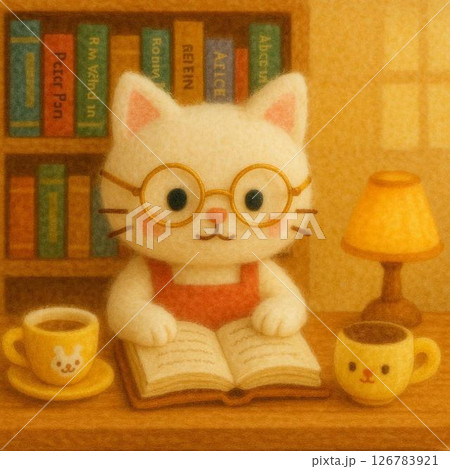 部屋で読書をするネコ 126783921
