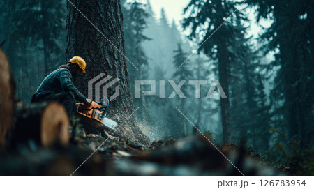 Lumberjack working with chainsaw in a rain-soaked forest clearing 126783954