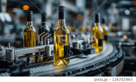 Bottles of wine moving along the production line in a busy winery setting 126783963