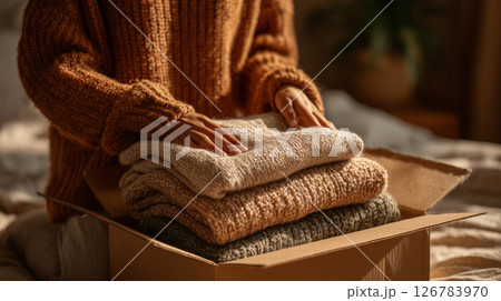 Warm light illuminates a woman folding clothes for charity donations Warm light illuminates a woman folding clothes for charity donations 126783970