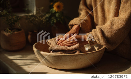 Woman skillfully hand-washing clothes in a sunlit kitchen basin Woman skillfully hand-washing clothes in a sunlit kitchen basin 126783971