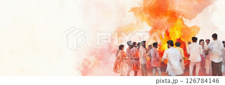 Holika Dahan celebration with vibrant bonfire surrounded by people, festive concept 126784146