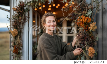 Cozy sweater style with handmade doorway decoration Cozy sweater style with handmade doorway decoration 126784341