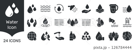 Water Conservation And Usage Solid Icon Set. Hydration, Recycling, And Environmental Protection Silhouette Symbol Collection. Water Management And Sustainability. Isolated Vector Illustration 126784444