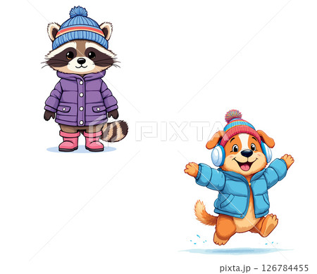 Vsai raccoon and dog wearing winter clothes and accessories Vsai raccoon and dog wearing winter clothes and accessories 126784455