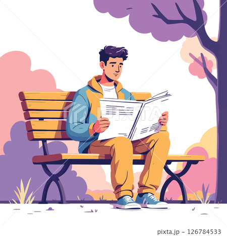 Vsai young man reading newspaper sitting on bench in park 126784533
