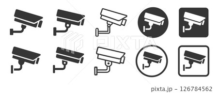 Security camera icons set. Security cameras in use symbol icon. Fixed CCTV camera logo sign shape. Vector illustration image. Isolated on white background.	 126784562