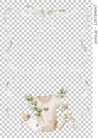 Watercolor baby card with clothes, pacifier, bottle, eucalyptus branches, and ribbon frame. Illustration of Template for baby shower announcements or newborn invitations. Border for childish greetings Watercolor baby card with clothes, pacifier, bottle, eucalyptus branches, and ribbon frame. Illustration of Template for baby shower announcements or newborn invitations. Border for childish greetings 126784647
