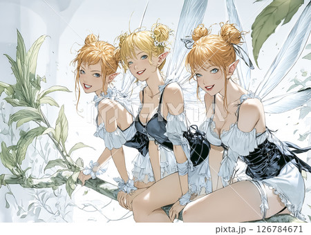 大木の枝に座るピクシー妖精三姉妹のイラスト素材 126784671