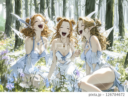 森の花畑に座るピクシー妖精三姉妹のイラスト素材 126784672