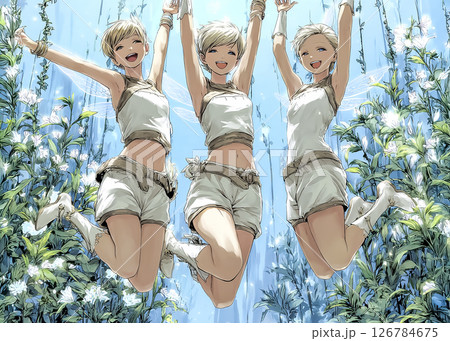 ジャンプするピクシー妖精三姉妹のイラスト素材 126784675