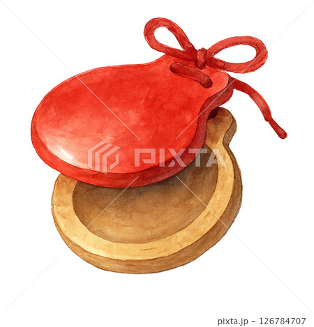 赤いカスタネットの水彩イラスト・保育や音楽教材に使える手描き楽器素材 126784707