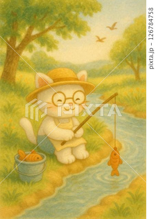 絵本風の魚釣りをするねこ 126784758