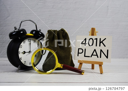 401K Plan text with alarm clock and magnifying glass on wooden background 126784797