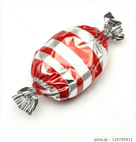 red and white striped candy. The candy is in the shape of an oval and is wrapped in a silver foil	 red and white striped candy. The candy is in the shape of an oval and is wrapped in a silver foil	 126784911