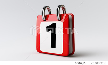 3D rendering a calendar icon. It is a square-shaped icon with a red and white color scheme. The top half of the icon is red.	 126784932