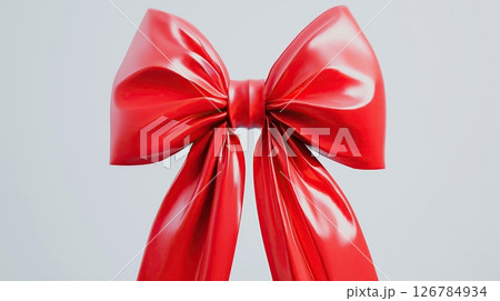 3D rendering a close-up of a red ribbon with a large bow tied in the center. The ribbon is straight and appears to be made of a shiny, satin-like material	 126784934