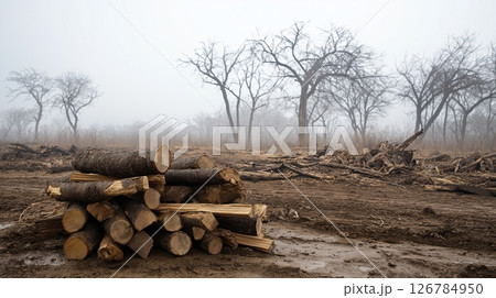 barren landscape with bare trees in the background. The sky is foggy and the ground is covered in mud and debris. In the foreground, there is a pile of firewood stacked on top of each other.	 126784950