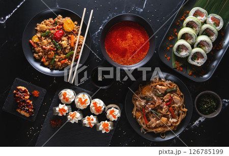 Asian Fusion Feast with Sushi, Noodles and Fried Rice 126785199