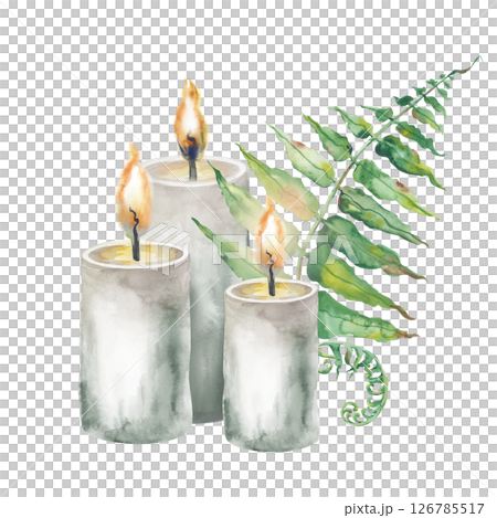 Watercolor composition with candles and ferns, hand-drawn. A template for Halloween and mystical events. Mood. 126785517