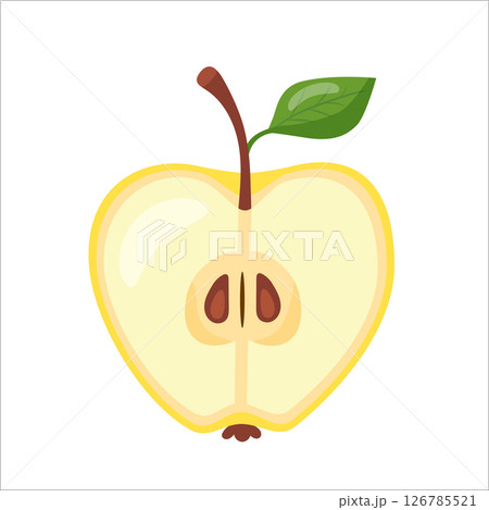 Half of cut yellow sweet and tasty apple. Natural fruits, hand drawn. Half of cut yellow sweet and tasty apple. Natural fruits, hand drawn. 126785521