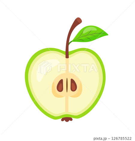 Half of cut green sweet and tasty apple. Natural fruits, hand drawn. Half of cut green sweet and tasty apple. Natural fruits, hand drawn. 126785522