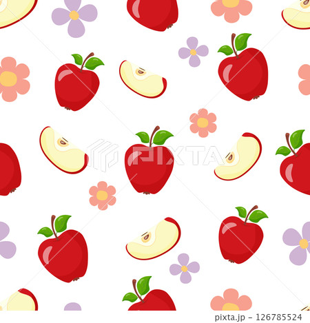 Pattern of red apples with green leaves. Whole fruits and slices, with purple flowers, hand drawn vector illustrations. 126785524