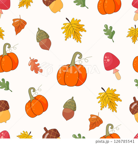 colorful autumn pattern, on autumn theme. pumpkins, mushrooms, leaves, acorns. 126785541