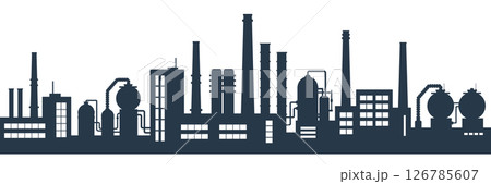 Industrial factories silhouette background. Oil refinery complex with pipes and tanks gas production rigs. Industrial factories silhouette background. Oil refinery complex with pipes and tanks gas production rigs. 126785607