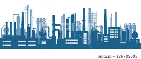 Industrial factories silhouette background. Oil refinery complex with pipes and tanks gas production rigs. Seamless horizontal pattern 126785608