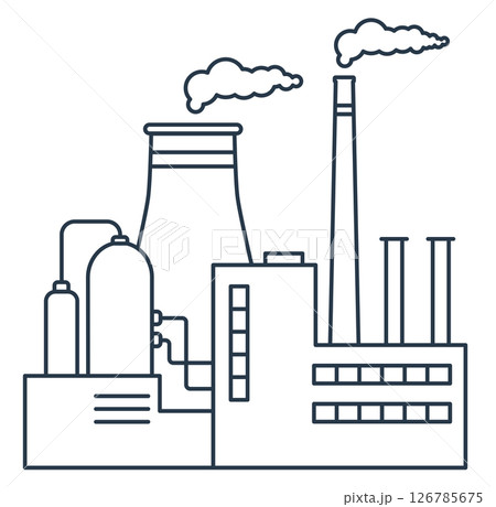 Factory building with pipes and cooling towers emitting vapor. Vector illustration in flat style 126785675