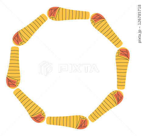 Sleeping bag circle frame. Simple yellow camp bed border. Camping shelter in nature on summer holiday. Outdoor adventure flat vector illustration isolated on white background Sleeping bag circle frame. Simple yellow camp bed border. Camping shelter in nature on summer holiday. Outdoor adventure flat vector illustration isolated on white background 126785718