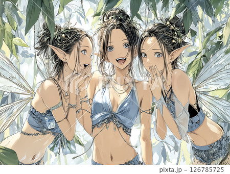 森を散歩するピクシー妖精三姉妹のイラスト素材のイラスト素材