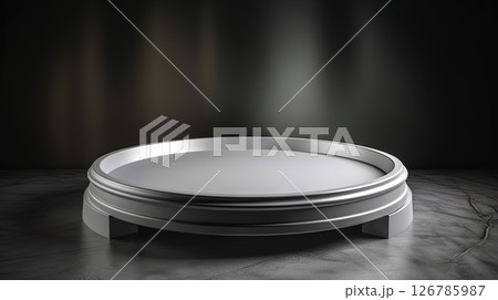 White pedestal in the studio room, mockup stand for presentation. Generated AI. 126785987