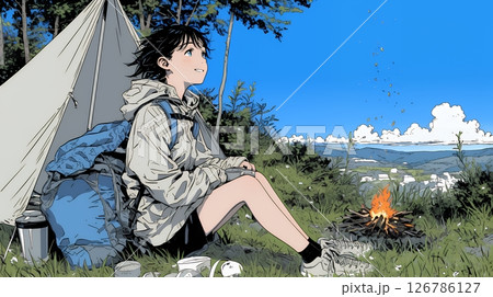 ソロキャンプを楽しんでいる若い女性