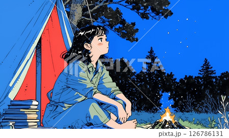 ソロキャンプを楽しんでいる若い女性