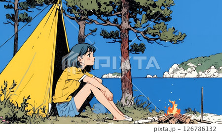 ソロキャンプを楽しんでいる若い女性