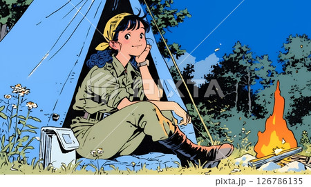 ソロキャンプを楽しんでいる若い女性
