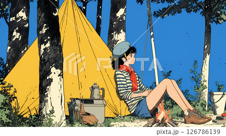 ソロキャンプを楽しんでいる若い女性