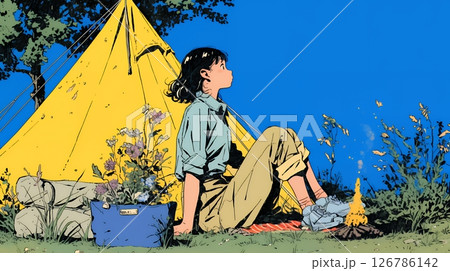 ソロキャンプを楽しんでいる若い女性