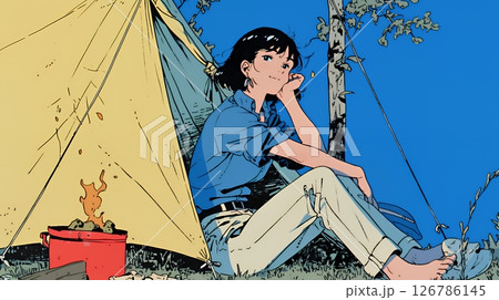 ソロキャンプを楽しんでいる若い女性