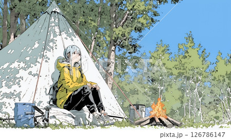 ソロキャンプを楽しんでいる若い女性